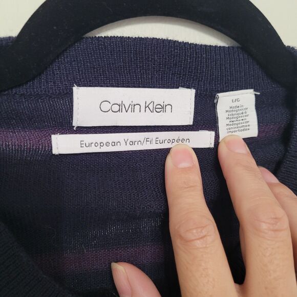 Calvin Klein Navy Purple Stripe Merino Wool Pullover Sweater Men's Large - Picture 4 of 5